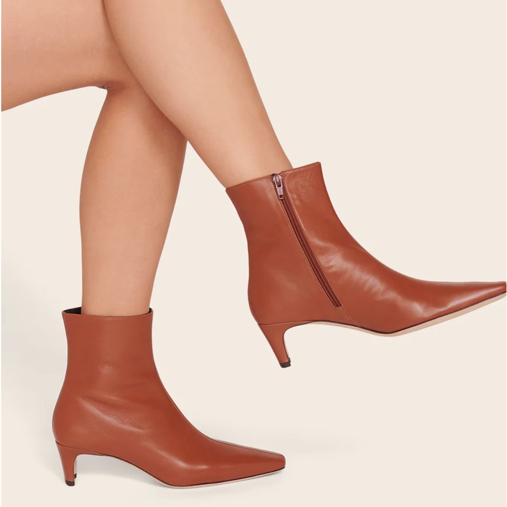 STAUD Wally Ankle Boots Tan Leather Kitten Heel Size 40 Made in Portugal